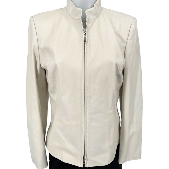 Vintage White Leather Blazer Talbots 1990s Y2K Zip Up Jacket Medium 10 So Soft! - Picture 2 of 14